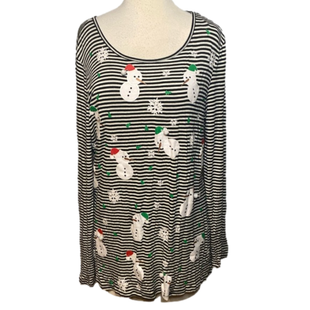 Rebecca Malone Long Sleeve Snowman Top Black White Stripes L